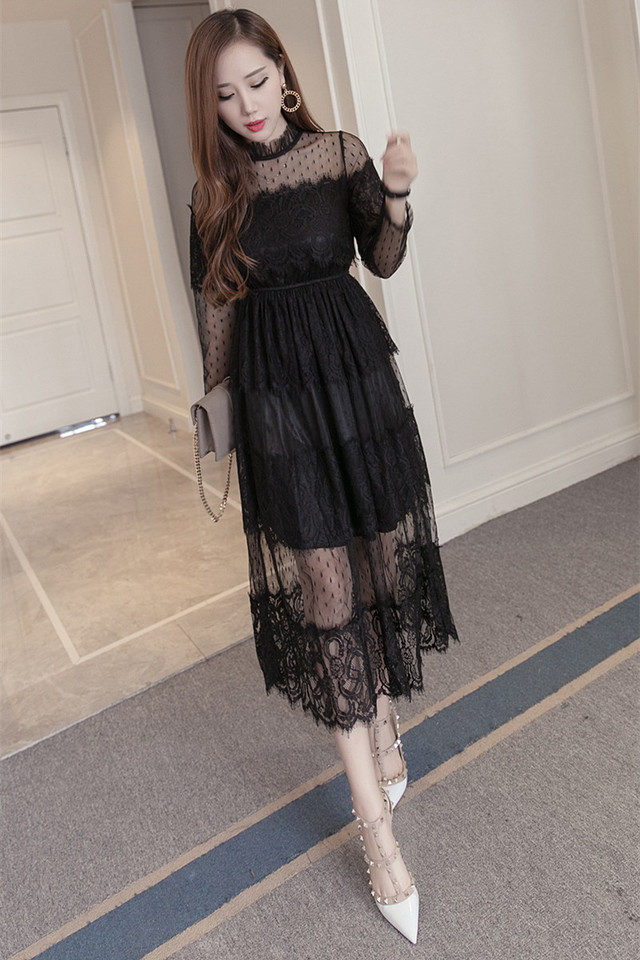 シースルー ドットワンピース 水玉 レースワンピース ミモレ丈ドレス ドレスワンピース ドット柄 お呼ばれ パーティー Shop Suba