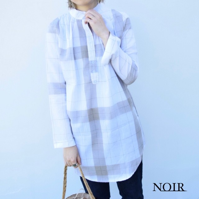 即納 チェック柄 チュニック 長袖 ロング シャツ ブラウス ワンピース 白レディース Noir For Female