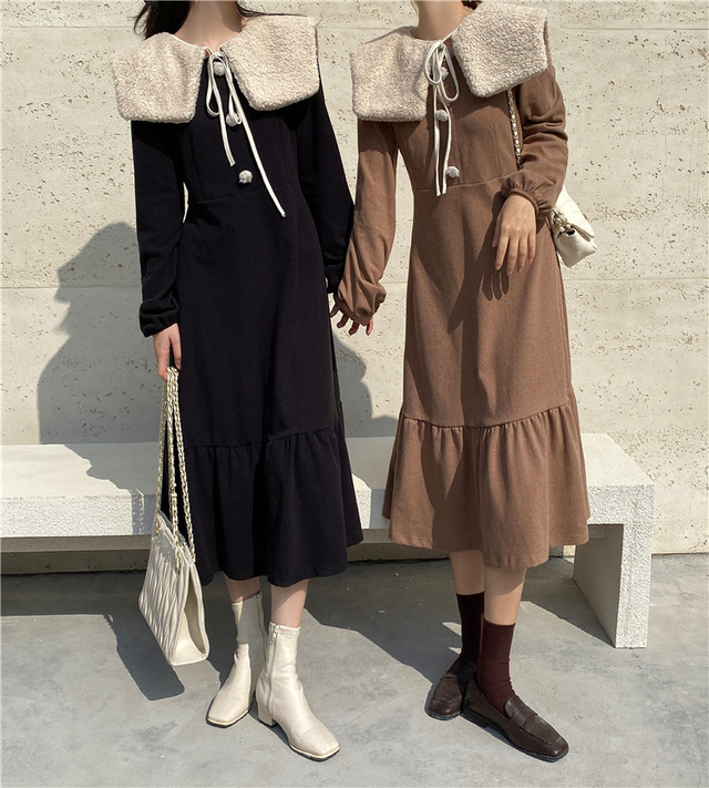 〈カフェシリーズ〉もこもこ襟つきワンピース【moco moco lapel one-piece】