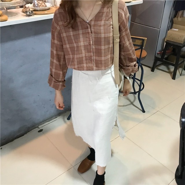 ノーカラー チェック柄 ブラウス Vネック ノーカラーシャツ 襟なし 可愛い カジュアル お出かけ 春 秋 Crystalhk