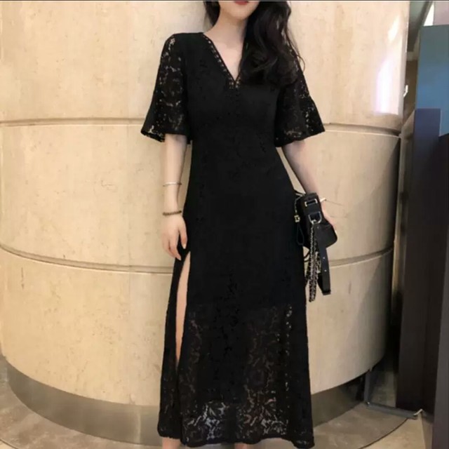 大きいサイズ Vネック サイドスリット レース 半袖 ワンピース ロング丈 大人 可愛い キレイめ 上品 エレガント セクシー お出かけ お買い物 デート 女子会 通勤 通学 学生 韓国ファッション 春 夏 Like Fashion