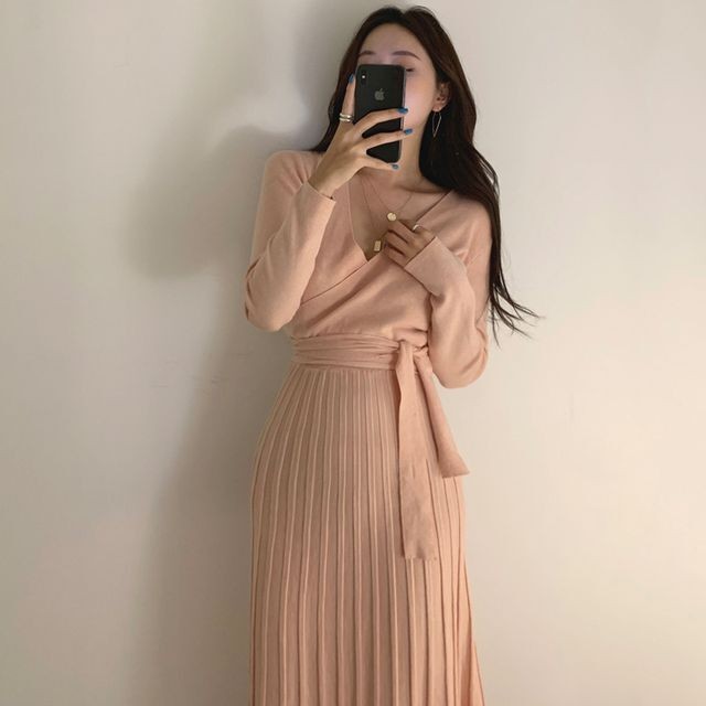 レディース ワンピース 秋 冬 長袖 カシュクールニットプリーツワンピース ウエストマーク プリーツ ミモレ丈 ロング丈 フェミニン きれいめカジュアル カジュアル 秋冬 ベージュ ブラック ピンク ホワイト フリーサイズ Ukiukionepicec