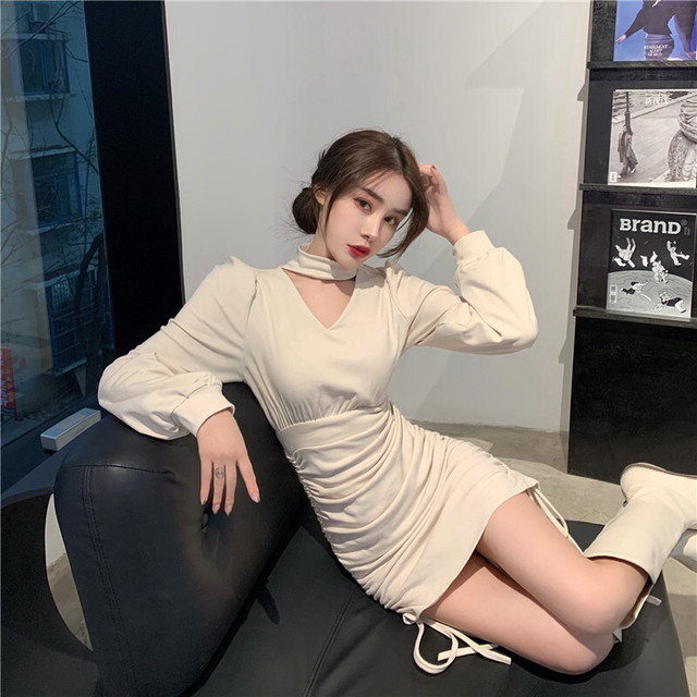 ホルターネックワンピース ワンピース 長袖 ミニ丈 シャーリング ドローストリング デート 女子会 韓国 オルチャン 韓国レディースファッション通販 ポワン