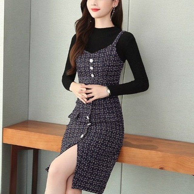 レディース スリーピース ツーピース ワンピース ひざ上丈 ミニ丈 ラウンドネック 長袖 ノースリーブ ツイード スリット シンプル エレガント 秋冬 お出かけ デート ブルー Officewalaa オフィスワラア レディースファッション スタイル