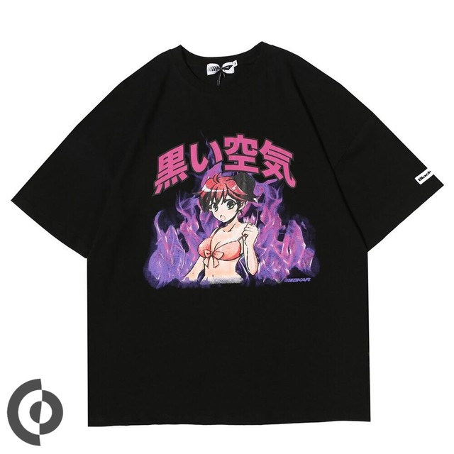 女の子 漫画柄 サブカル 黒tシャツ Tシャツワンピース メンズ ユニセックス レディース ブラック ビッグシルエット オーバーサイズ M L Xl Xxl 90s アニメ オタク 原宿ファッション オタク かわいい ストリート 韓国