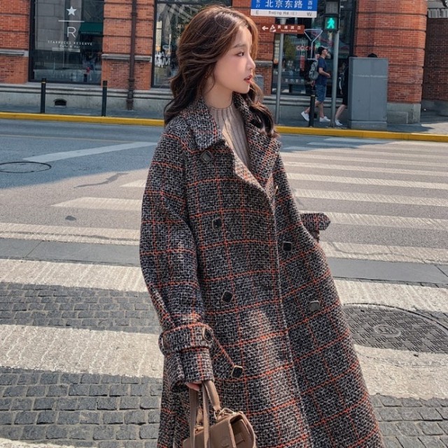 チェック コート レディース 冬コート チェスターコート かわいい 韓国 ファッション レディース ロングコート ウエストマーク コート オフィスカジュアル ダブルボタン ゆったり チェック柄 オーバーサイズ オルチャン ファッション 冬 アウター レディース Vestito
