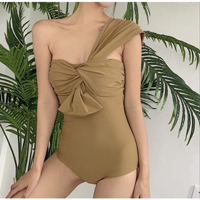水着 ワンピース レディース スイムウェア ワンショルダー リボン 結び目 美脚 脚長 美足 カラーバリエーション デコルテ トレンド シンプル ベーシック プレーン 水着 ワンピース レディース Leaflower 001 リーフラワー レディースファッション専門店