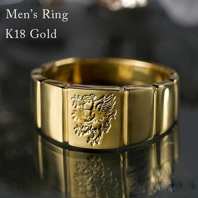 001 K18金ゴールドリング指輪印台メンズリングライオン紋章入りシンプルリング Asukou Jewel