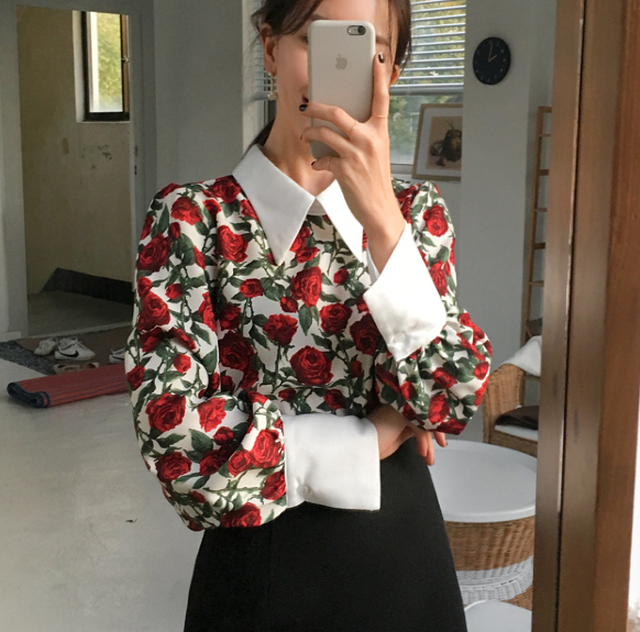 レトロ 花柄ブラウス 花柄シャツ シャツブラウス ブラウス レディース ブラウス 白 ブラウス 長袖 バラ柄 フラワープリント 上品 エレガント ガーリー 韓国 オルチャン 韓国ファッション 新作 春夏 春 夏 Om 185 Musubi Me 韓国 オルチャン レディースファッションのお店
