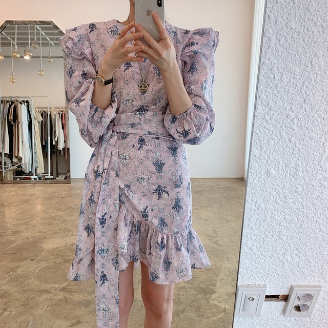 ワンピース フリル ショート丈 長袖 ふんわり 可愛い オシャレ ペイズリー風 プリント 上品 シック 秋 冬 お出掛け デート 女子会 Ukiukionepicec