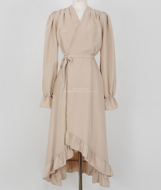 ワンピース ミモレ丈 フェミニン ウエストタイ 長袖 フリルライン ラップ Vネック ハイウエスト 無地 エレガント 春コーデ 大人可愛い レディース シンプル 可愛い おでかけ デート 女子会 ウッディーベース1号店