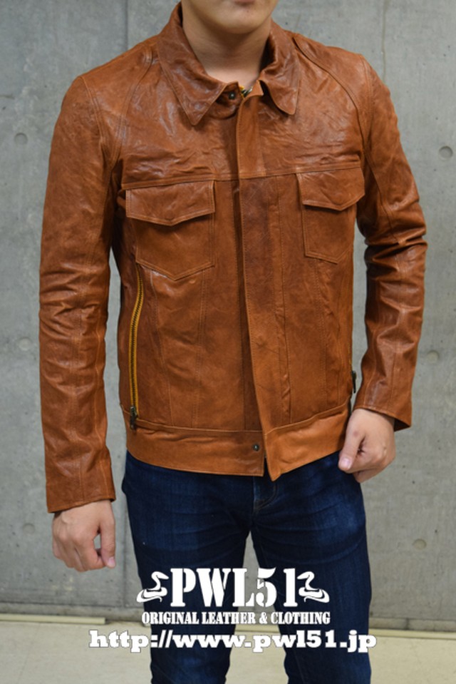 レザージャケット 本革 シングル ライダース 襟付き ラム皮革 キャメル メンズ Pw Leather 51