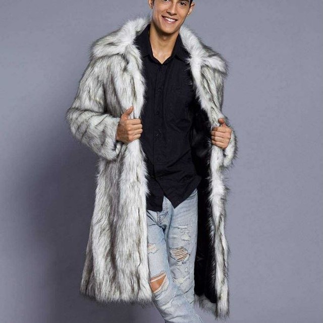 メンズ フェイクファー ロングコート 毛皮コート 厚手 暖かい カジュアル ライトグレー A N Skinny