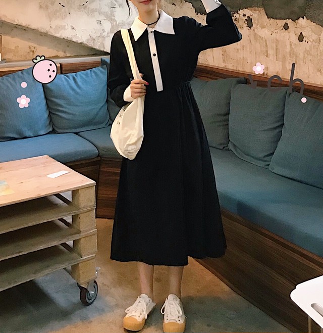 シャツワンピース フレア 襟付き ゆったり 長袖 バイカラー ひざ丈 レトロ ガーリー カジュアル きれいめ M Fun H