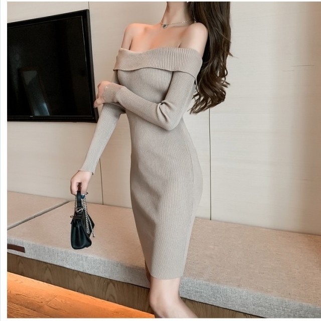 ボートネック ワンピース セクシー ミニワンピース ニットワンピ 長袖 タイトワンピース リブニット ボートネック レディース ストレッチ Basecamp49