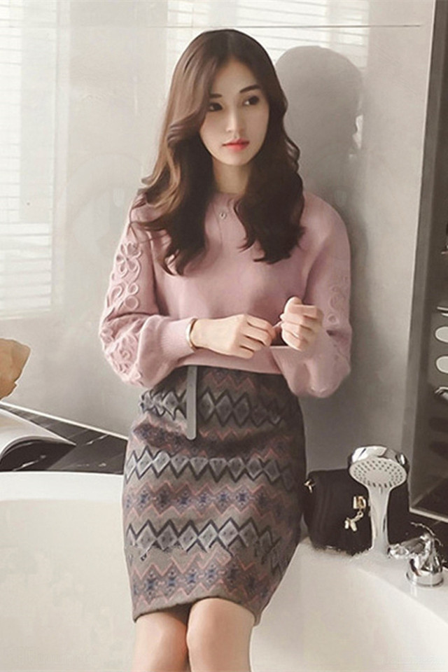 ボリューム袖 ピンクグレーニット タイトスカート セットアップ ２０代 ３０代 Shop Daiv これから可愛くなるあなたのために