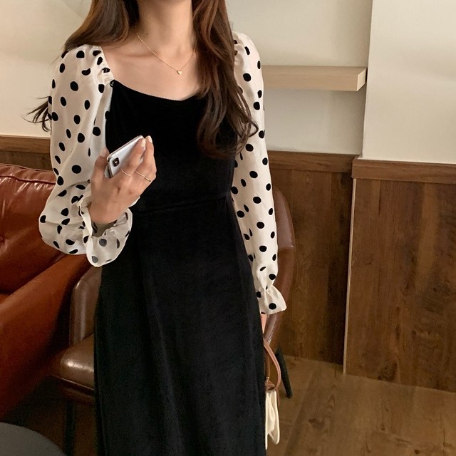 在庫あり 即納 ロング ワンピース パフスリーブ リボン ドット レトロ フェミニン デート シンプル 大人可愛い 韓国ファッション 特別送料無料 Www Endocenter Com Ua