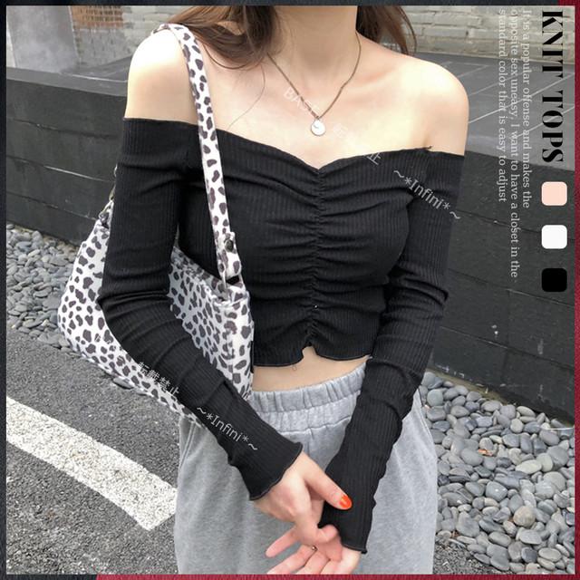オフショルダー トップス レディース 長袖 春 服 ショート丈 へそ出し インナー 細身 シルエット オフショル ニット 薄手 肌見せ トップス 着やせ Tシャツ オープンショルダー Infini Arc En Ciel