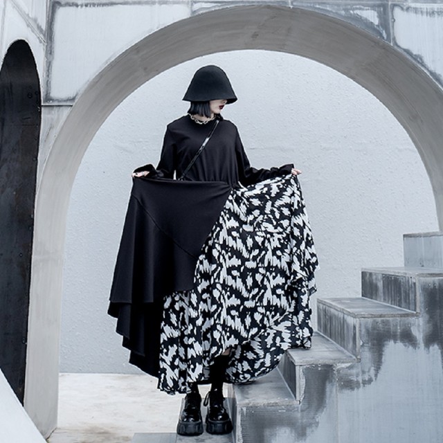 レイヤード風 ワンピース 長袖 マキシ ロング アシンメトリー ゆったり 体型カバー 着痩せ ニット ブラック ドレス パーティー 通勤 レディース Mitchie Mary