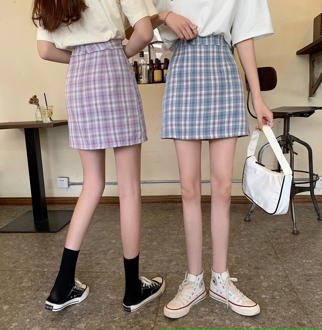 送料無料 チェック柄 ミニスカート タイトスカート オルチャンファッション カワイイコーデ パープルチェック ブルーチェック Sunrise0911