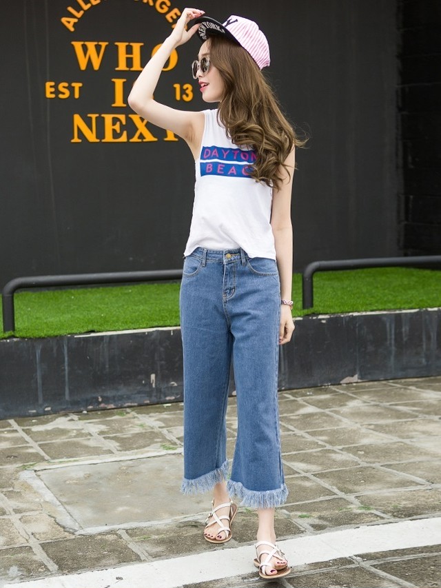 ワイドデニムパンツ ボトムス ワイドパンツ レディース 春 夏 秋 ハイウエスト ゆったり カットオフ 九分丈 ライトブルー 原宿 Marcymercy