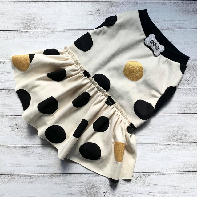 即納品 サイズオーダー不可 フレブル服 ビジュー付きワンピース オーガニックコットン白黒ゴールドドット柄 Petit Coco