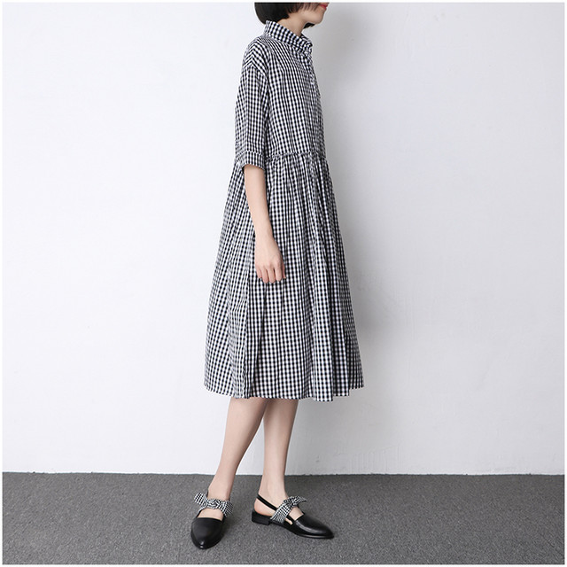 2色展開 レトロ シャツワンピース ギンガムチェック チェック ワンピース シャツ ロングワンピース ナチュラル リンネル系 ワンピース 森ガール ゆったり 大きいサイズ 193 491 Valentina210