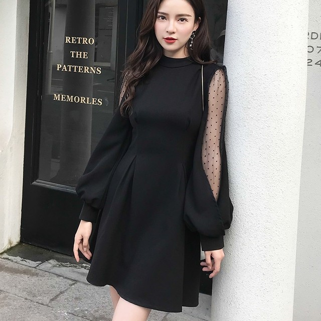 ワンピース パフスリーブ チュール切替 ドット ミニワンピース 長袖 ボリューム袖 袖コンシャス ミニ丈 フレア Aライン エレガント きれいめ お出かけ デート パーティー 女子会 春 秋 レディース Sunrise0911