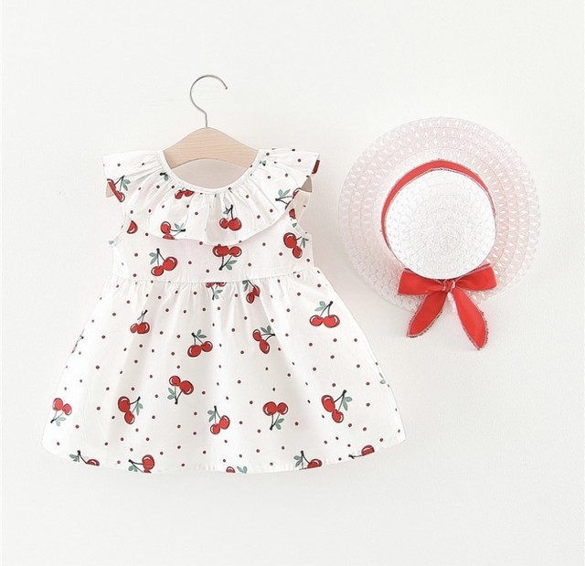 即納品 21s S さくらんぼ柄ワンピース 帽子付き キッズ ノースリーブ ベビー 韓国子供服 送料無料 韓国子供服 Chegnon シェニョン