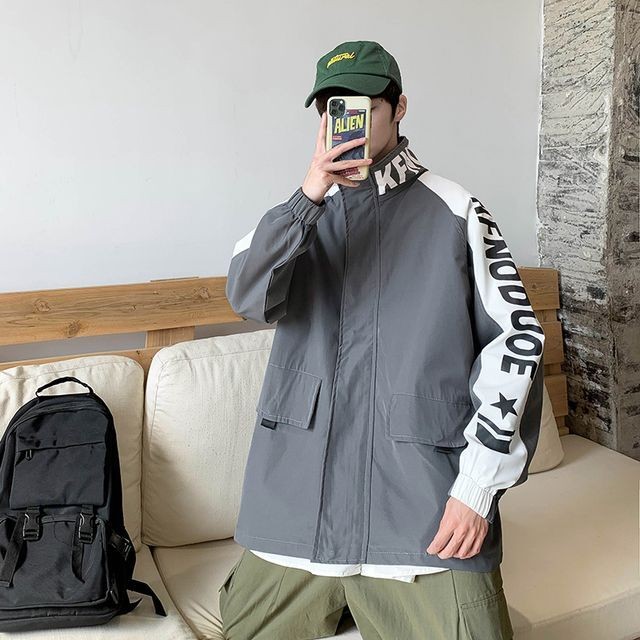 予約販売 ジャケット ブルゾン 袖ロゴ 春 アウター メンズ ブラック グレー カジュアル こなれ感 お洒落 韓国トレンド 春 秋 S M L Xl 2xl Favoriteselect