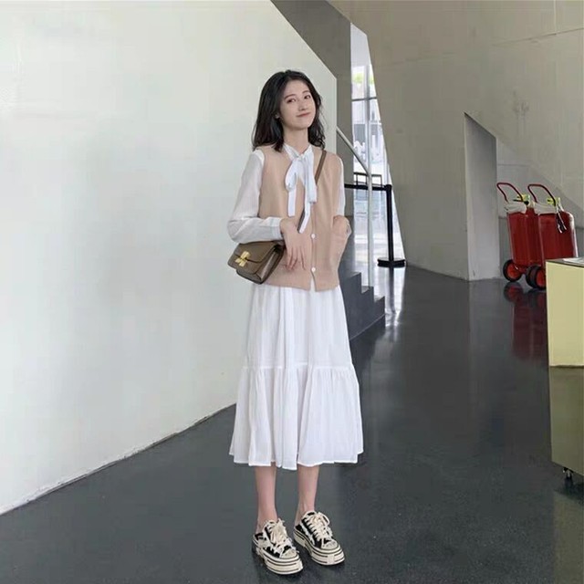 リボンタイワンピース ベストセットアップ ツーピース フレア 長袖 モノクロ コーデ 白 黒 ドレス Select Shop Skry スクリー