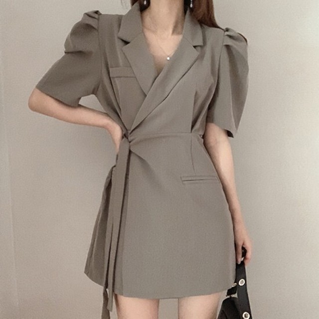 ジャケットワンピース レディースワンピ きれいめコーデ オケージョン パフスリーブ ミニスカート 韓国ファッション 半袖 K0369 Shopmall To You