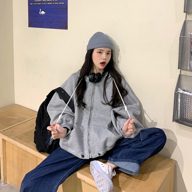 ジップアップパーカー レディース ロゴパーカー ビッグパーカー ビッグシルエット パーカー 韓国 ファッション 冬服 レディース バックシャン ロゴ プリントパーカー 韓国 ストリート ファッション 冬パーカー 冬服 パーカー 秋冬 黒 グレー ジップ パーカー Vestito