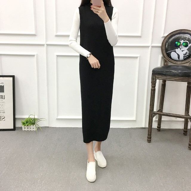 ワンピース マキシ丈 ロング丈 おしゃれ 重ね着 ニット ノースリーブ ボトルネック シンプル 冬 カジュアル 上品 ゆったり 体型カバー 伸縮 無地 Ueno00 Poillypecoraワンピースストア