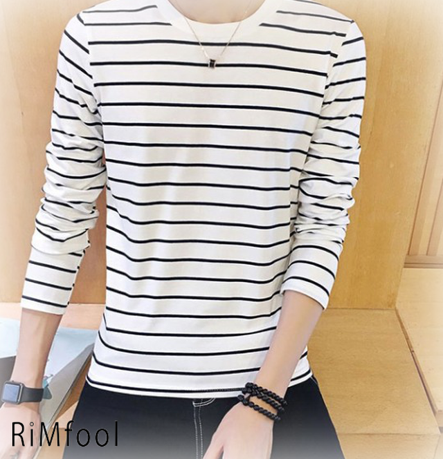Tシャツ 秋 秋服 長袖トップス Tシャツ ボーダー メンズtシャツ シンプル 快適 ソフトタッチ インナー クルーネック Tシャツ トップ Rimfool
