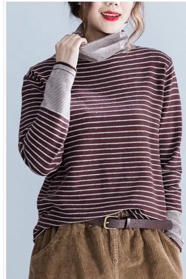 韓国 トレーナー レディース レディースコーデ ボーダー柄 ハイネック カットソー 大きいサイズ トップス 着心地よい 重ね着 ゆるいニッ Basecamp49