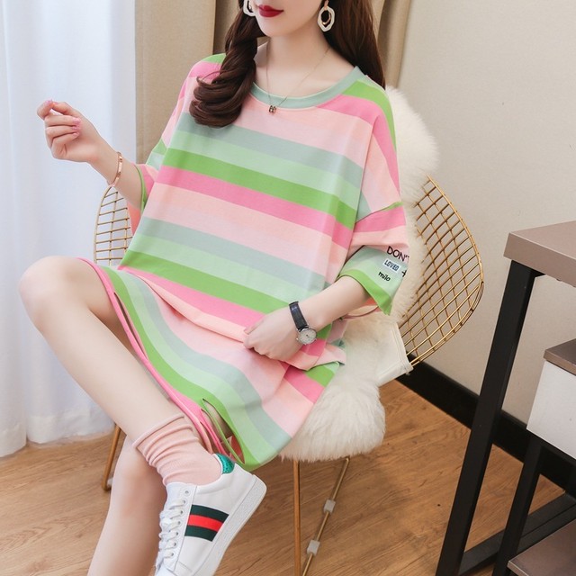 カジュアルストライプ柄配色ダメージ加工ワンピース半袖tシャツ Ins 1697 Ins Fashion ファッション専門店 可愛い 安心 素敵な商品を多数ご用意