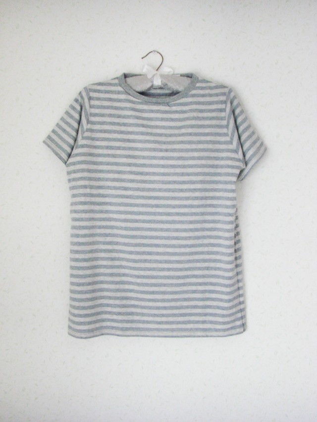 家服いえふく ふくよかさん オーガニックコットン100 カットソー グレー 杢グレーボーダー 半袖 家服 いえふく 家で着る服 胸当て付 レディース ルームウェアの通販