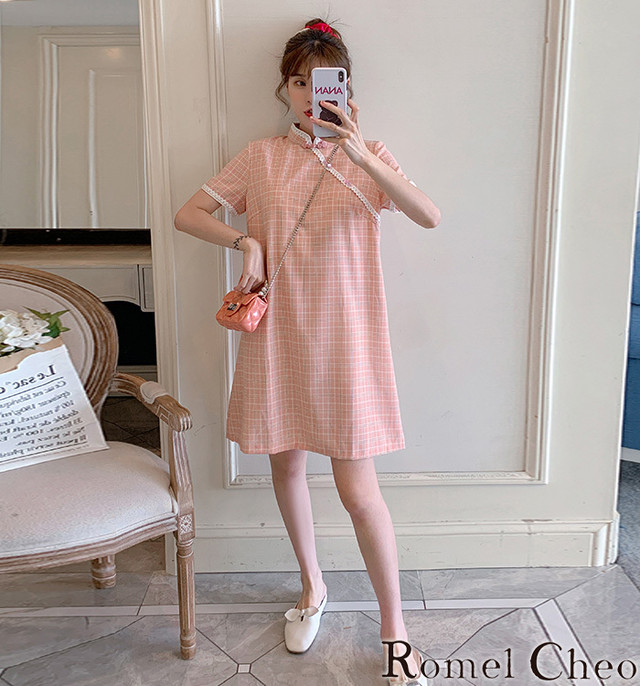 お支払い確認後日以内発送 Romelcheo ピコレースチェックチャイナミニワンピ チャイナワンピ チャイナドレス チャイナボタン ミニワンピース レース Aライン ゆったり 膝上丈 ミニ丈 エスニック 個性的 原宿系 ガーリー ロリータ 青文字系 レディース モード系