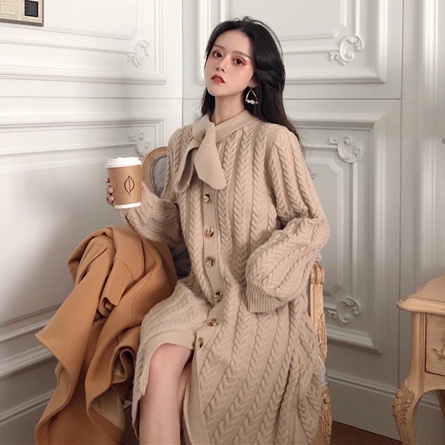 リボン付きワンピース ベージュ ニットワンピ ボタン ミモレ丈 上品 ナチュラル シンプル Na Na Iro