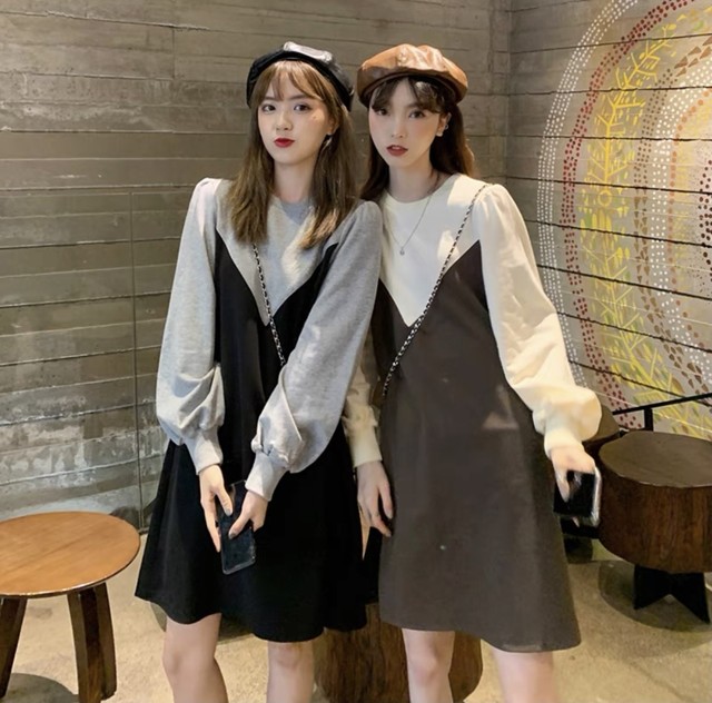 080 レディースファッション ミニワンピース バイカラー カジュアル シンプル 2色 秋コーデ 新作 More Lluze モア ルーゼ