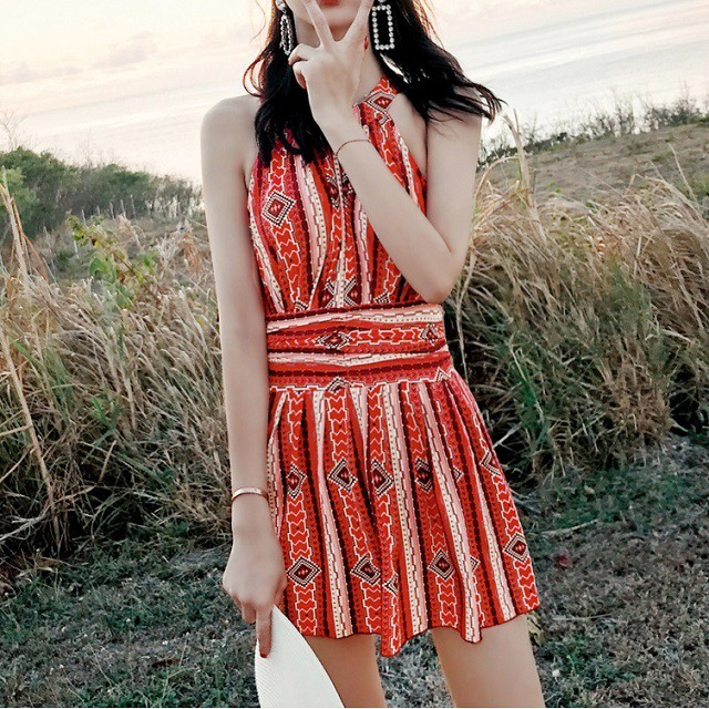 プリント柄 ワンピース スカート 水着 ストライプ 体型カバー アジアン 人気 レディース Aeka Clothet