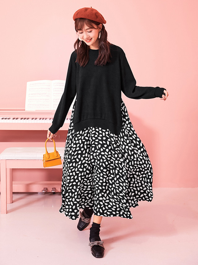 アニマル柄 ロングワンピース ニットワンピース ドッキングワンピース 長袖 レディース 韓国 オルチャン ファッション 春服 秋服 冬服 韓国 風 レディース ファッション きれいめ 大人可愛い カジュアル ガーリー クルーネック Aライン フレア ゆったり デート お出かけ