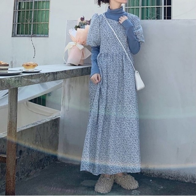 セットアップ レディース 春秋 上下 ２点セット ｔシャツ 長袖 ハイネック カットソー ワンピース 半袖 パフスリーブ 小花柄 シンプル カジュアル おしゃれ 大人可愛い ガーリー お出かけ デート 通勤 通学 旅行 普段着 ブルー ピンク ブラック Hf Haru Meets Foo