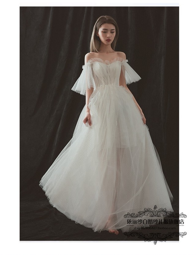 美品 フランス風ウエディングドレス ホワイト オフショル ロング プリンセスライン 憧れのドレス エレガント 可愛い シアーな美しさ Cinderelladress