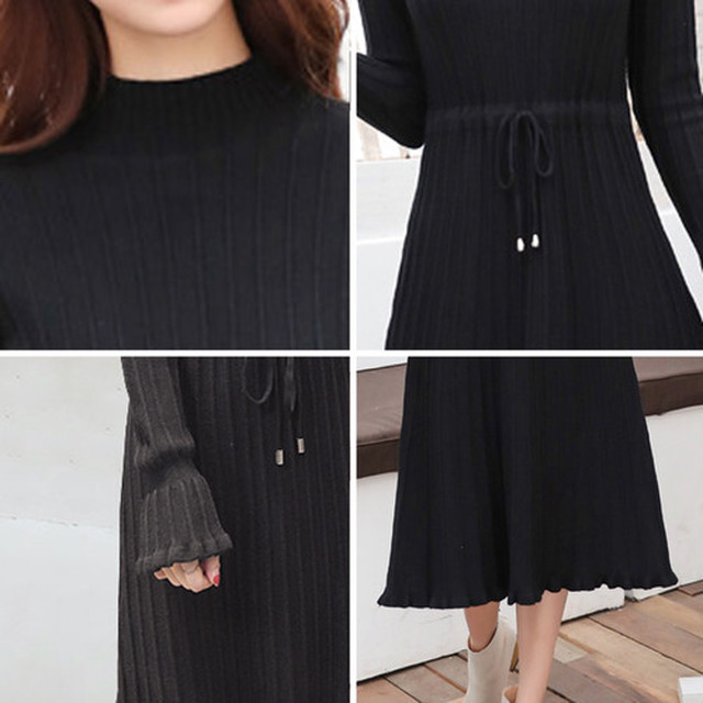 黒 ワンピース レディース 長袖 膝下 膝丈 秋 冬 Aライン ハイウエスト フレア セミフォーマル 韓国のかわいいプチプラファッション Honeybee