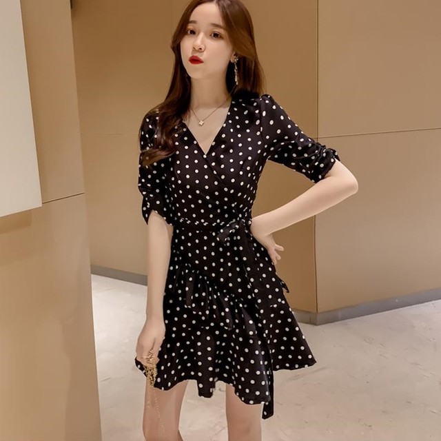 ワンピース 大人の可愛いワンピース フレアワンピース ドット柄 カシュクール Vネック 五分袖 フリル フレア ミニ丈 可愛い 春 夏 G1011 Mhf Clothes