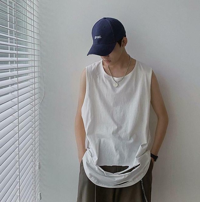 メンズ タンクトップ 袖なし Tシャツ 韓国系 ダメージ 人気 無地 Jb 1