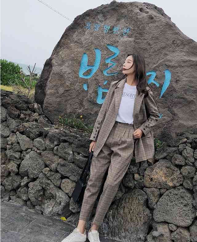 セットアップ レディース セットアップ ニット秋冬 パンツ ドレス スーツ セット ワイドパンツ 大きいサイズ アンクル丈 痩せて見える 他と被らない お出かけ ゆったり ゆるい ルーズ トレンド シンプル チェック グレンチェック 通勤 Ol Tresor