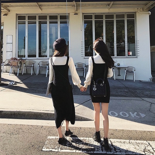 691 1枚でオシャレ見せが叶うフェイクレイヤードニットワンピース ブラック ロング丈 海外のプチプラきれいめカジュアルレディースファッション Pakaian Lucu 海外のプチプラきれいめカジュアルレディースファッション Pakaian Lucu